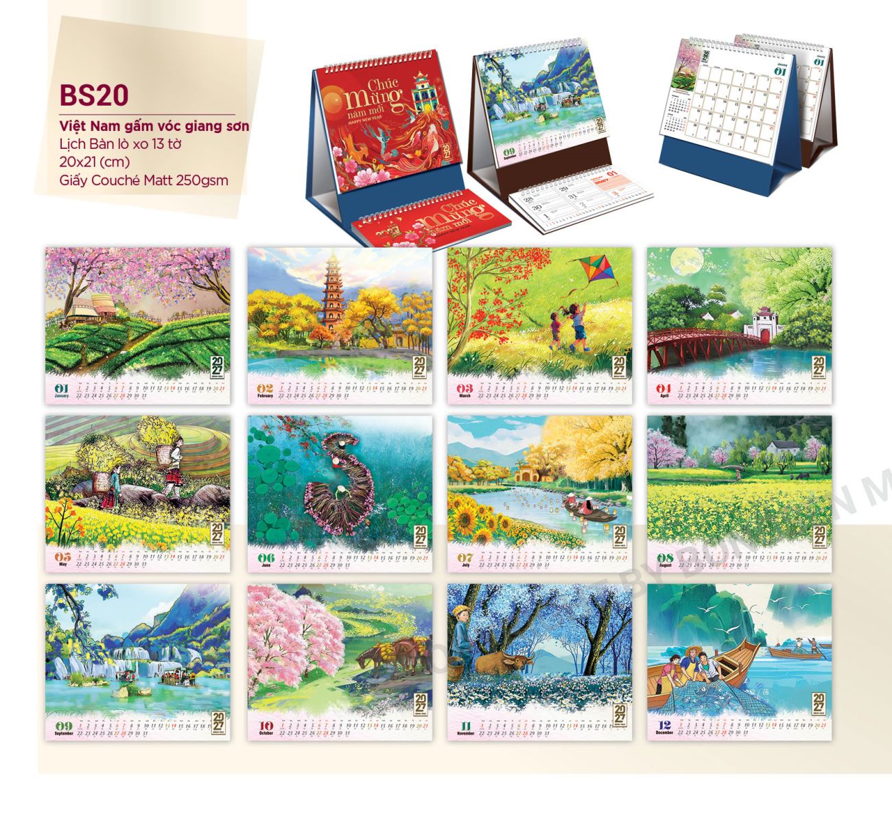 Lịch để bàn 2027 in logo thương hiệu công ty