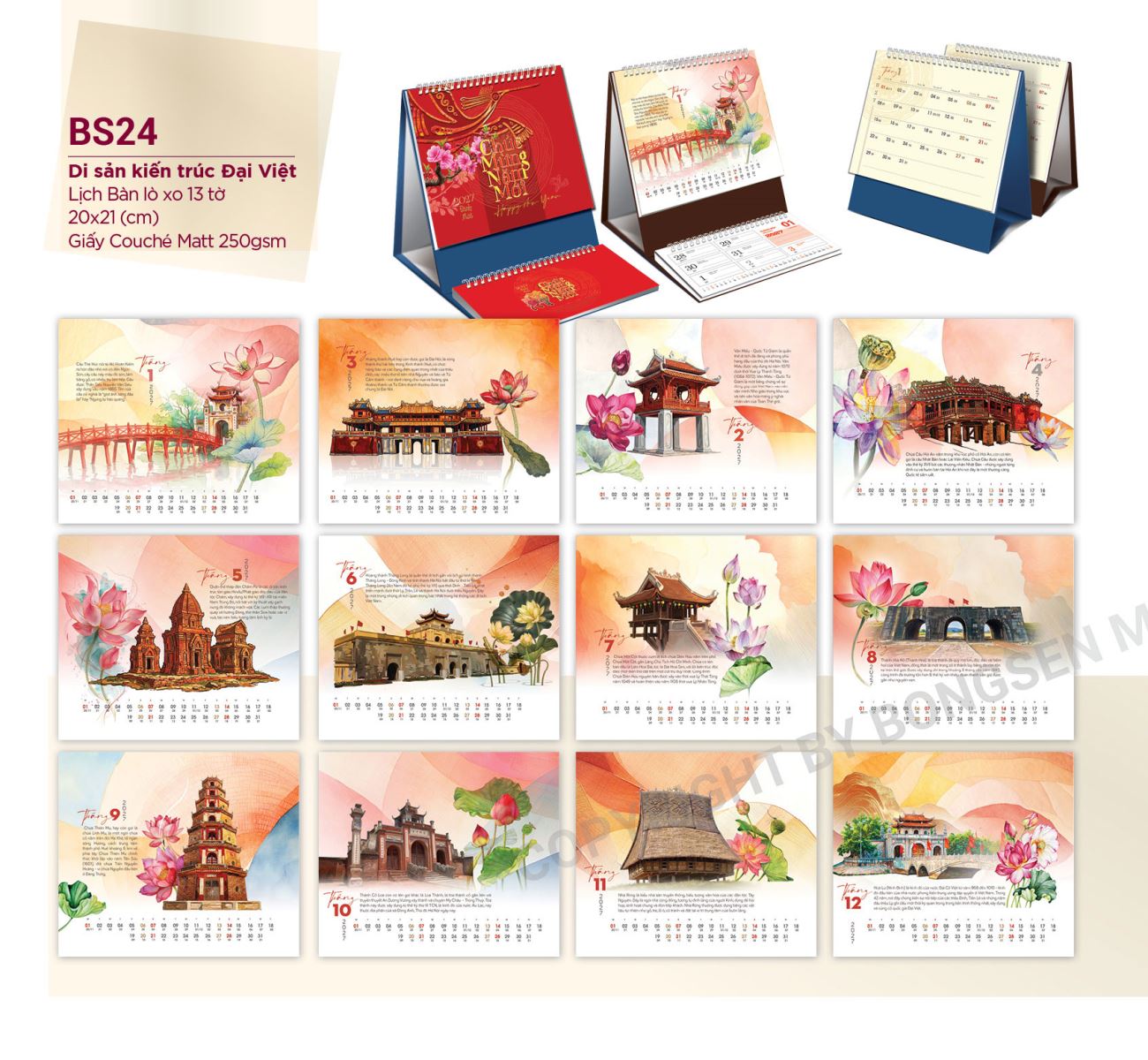 Lịch để bàn 2027 khổ ngang, in màu sắc nét