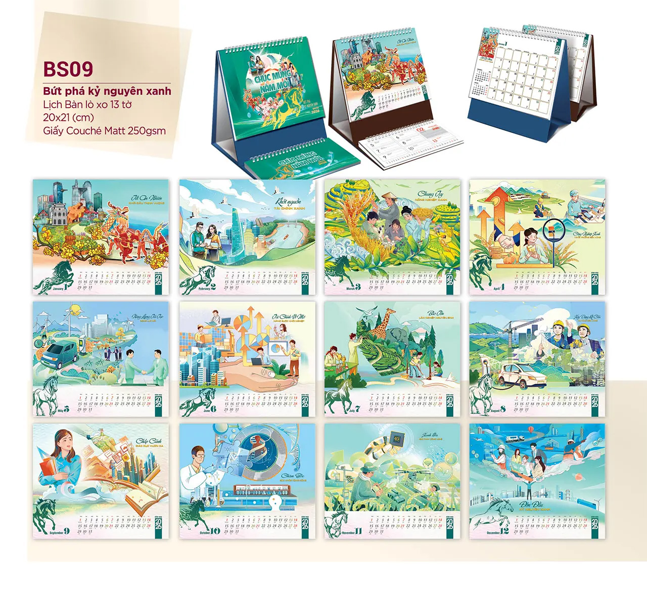 Lịch để bàn 2026 khổ ngang, in màu sắc nét