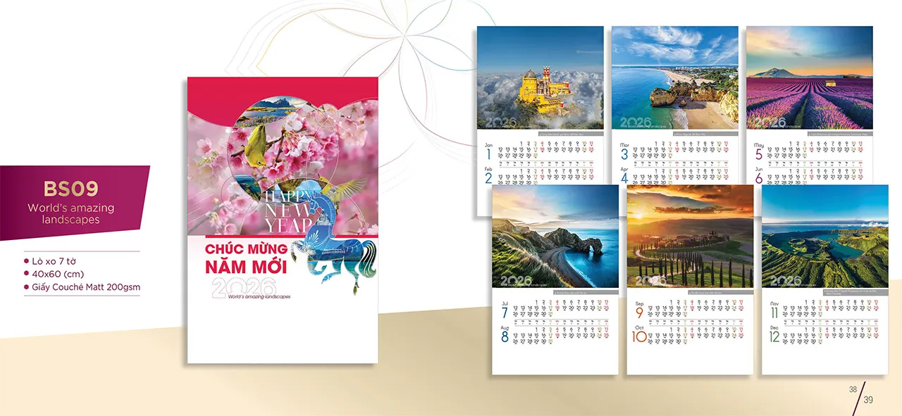 Mẫu lịch treo tường 7 tờ in ấn đẹp, thiết kế sang trọng