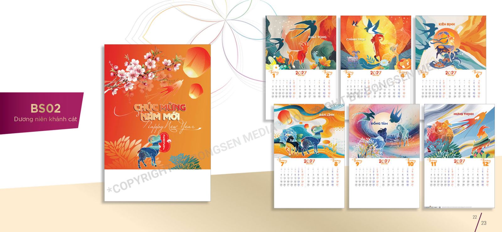Mẫu lịch treo tường 7 tờ tết 2027 độc đáo